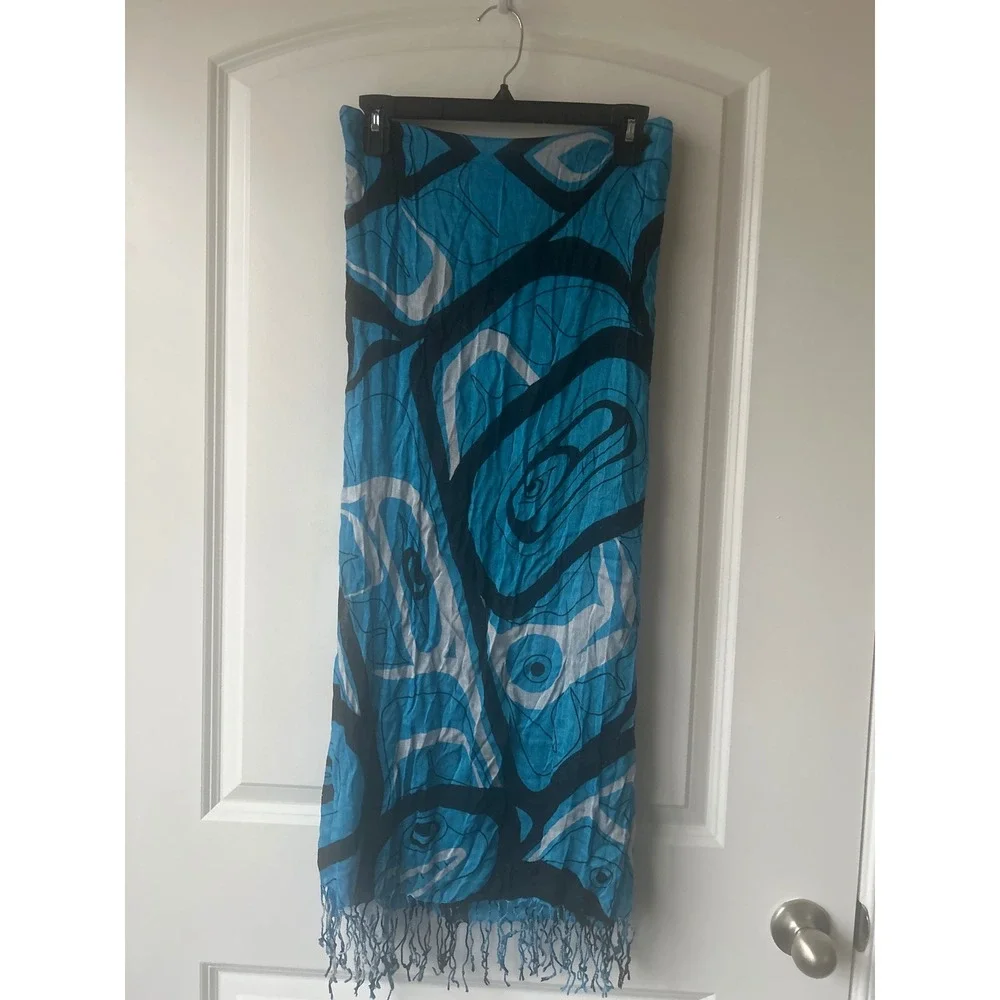 Native Northwest Indigenous Art Viscose Scarf Blue Black Fringe Wrap CA 35592